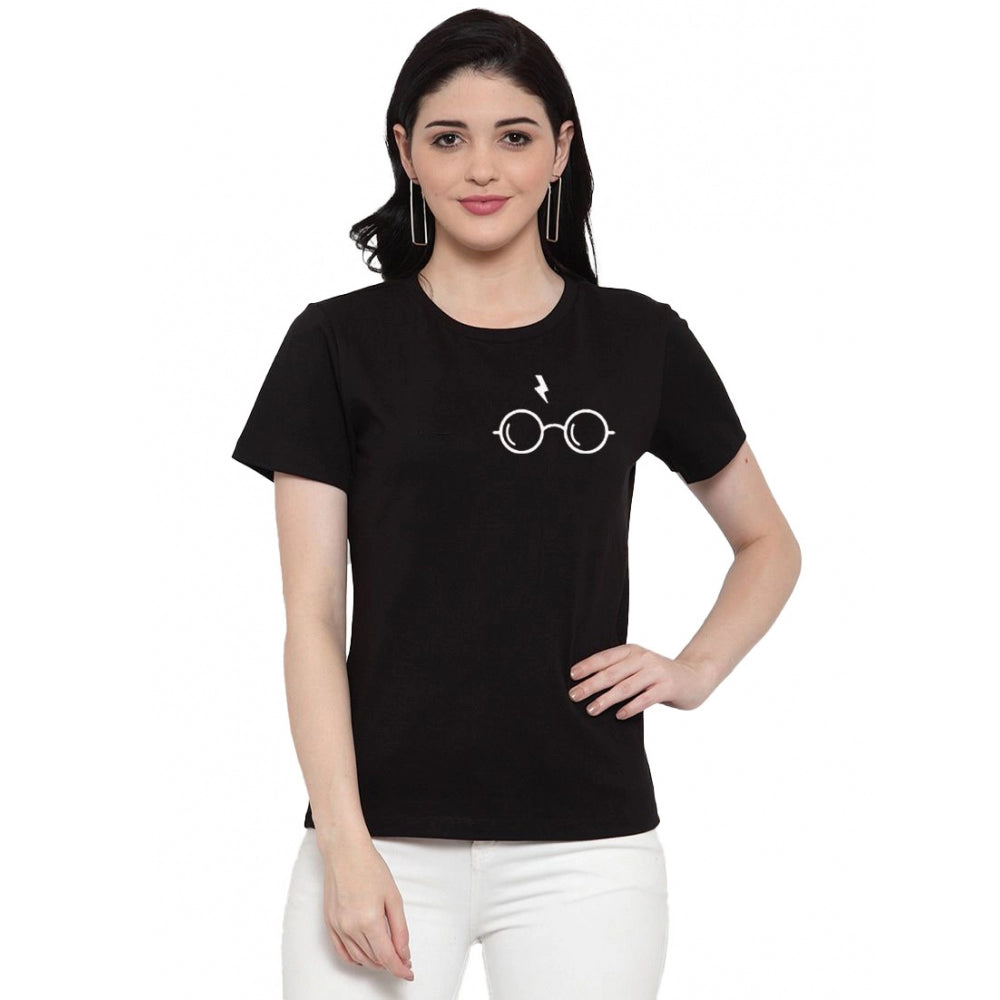 Fashion Women's Cotton Blend Left Corner Black Eye Glasses Line Art Printed T-Shirt (Black)