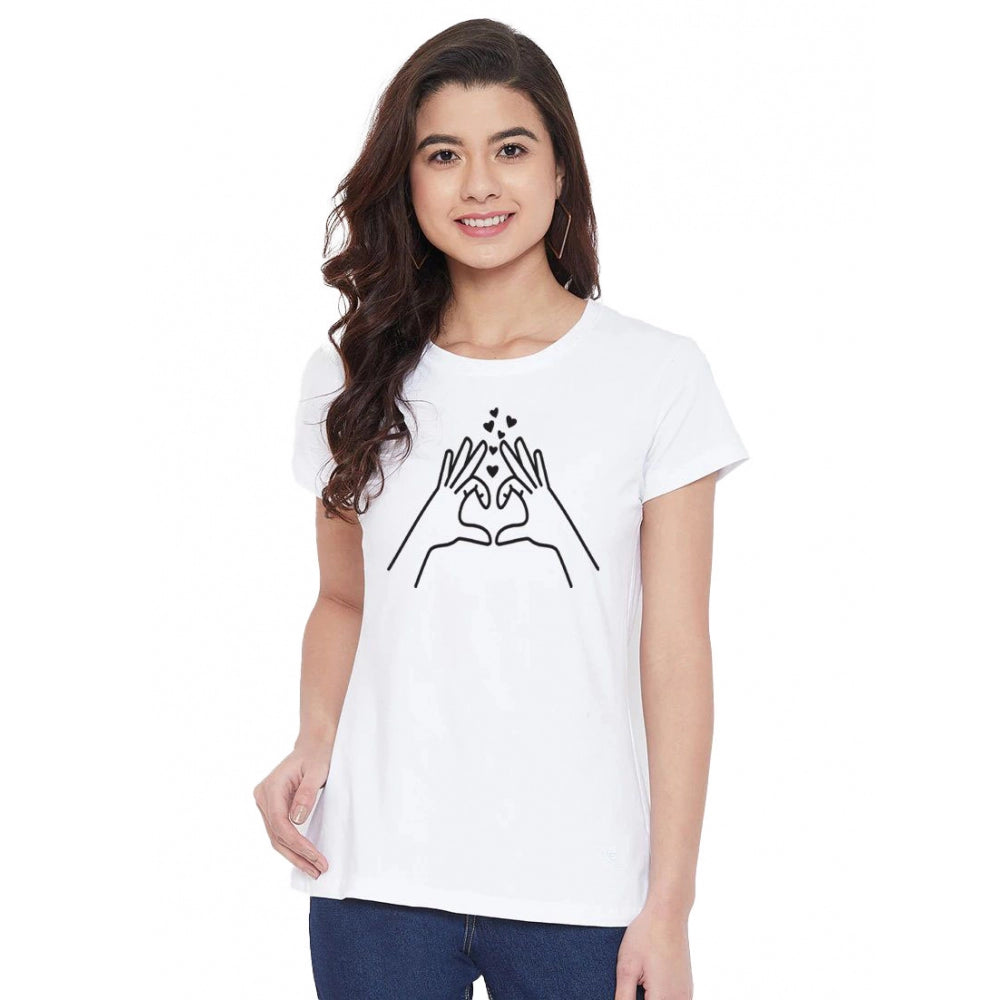 Amfyn Women's Cotton Blend Heart Hands Line Art Printed T-Shirt (White)