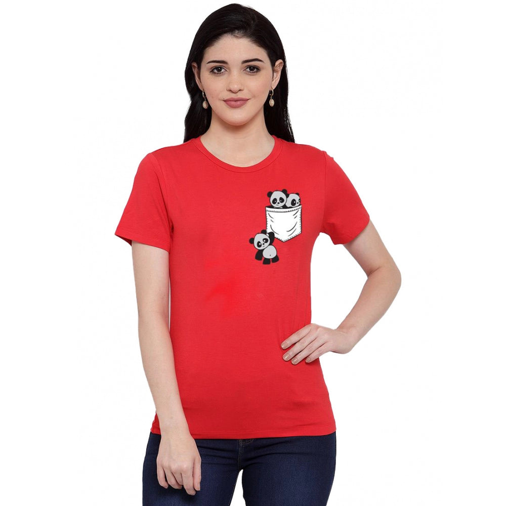 Fashion Women's Cotton Blend Pandas In My Pocket Printed T-Shirt (Red)