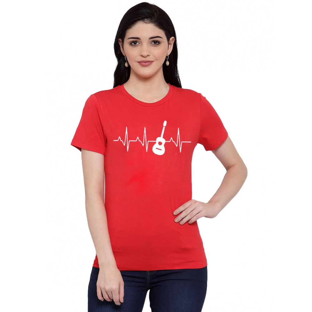 Amfyn Women's Cotton Blend Bass Guitar Heartbeat Line Art Printed T-Shirt (Red)