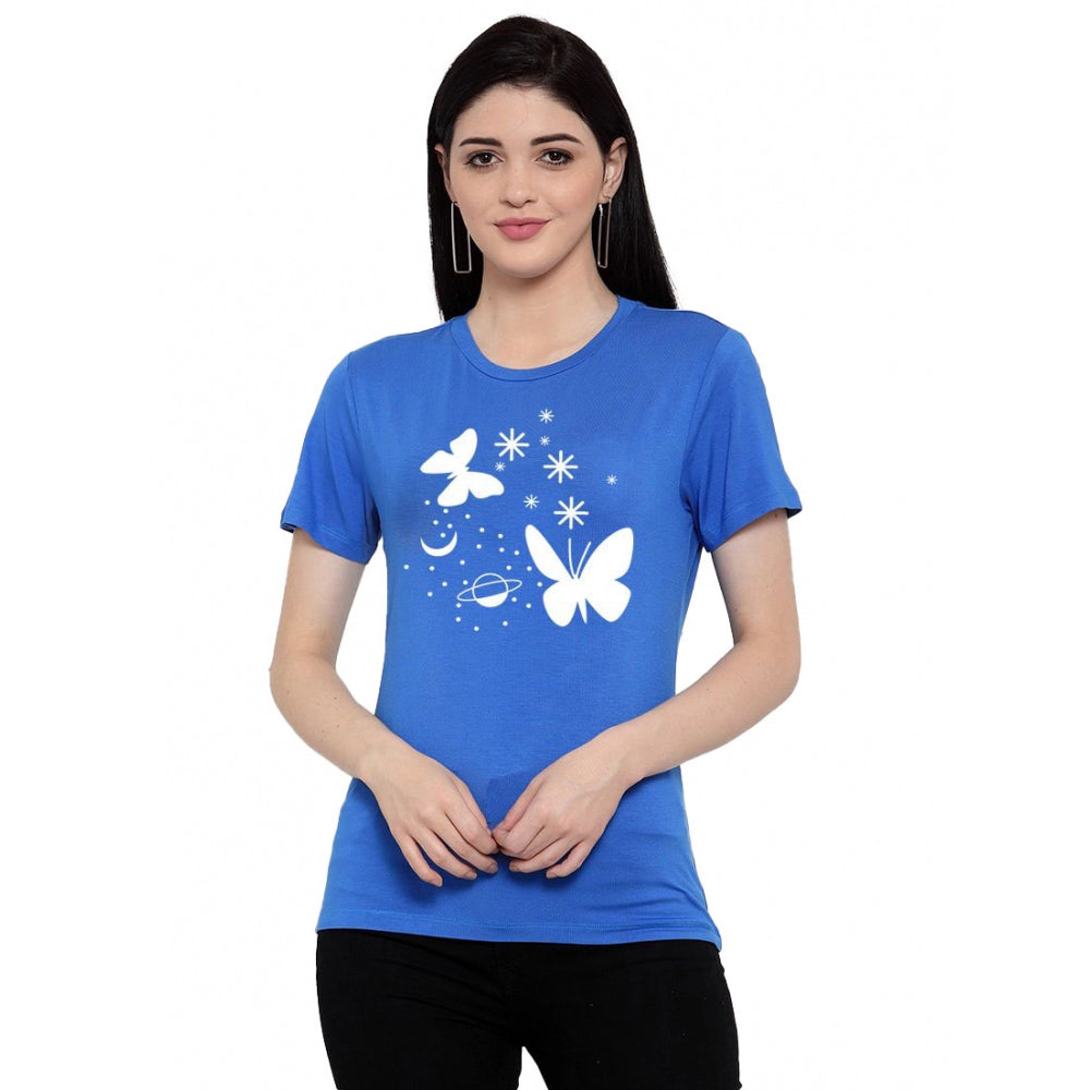 Amfyn Women's Cotton Blend Butterfly With Star Printed T-Shirt (Blue)