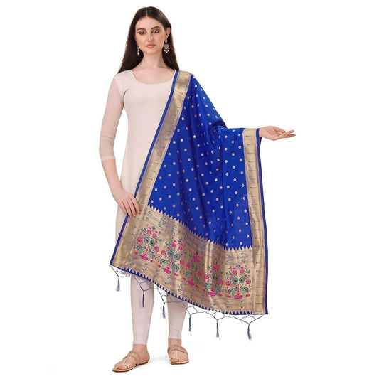 Amfyn Women's Silk Pure Zari weaving Duppatta (Blue, Length: 2-2.3 Mtrs)