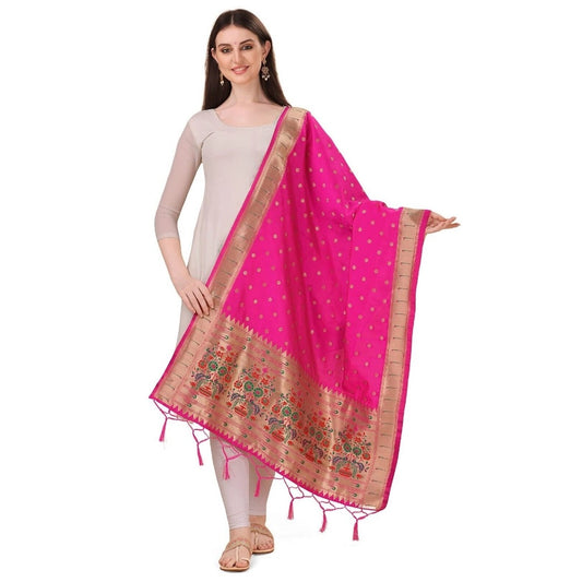 Amfyn Women's Silk Pure Zari weaving Duppatta (Pink, Length: 2-2.3 Mtrs)