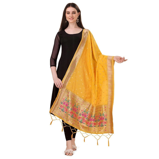 Amfyn Women's Silk Pure Zari weaving Duppatta (Yellow, Length: 2-2.3 Mtrs)