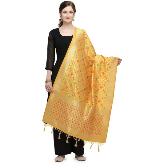 Amfyn Women's Silk Pure Zari weaving Duppatta (Mustard Yellow, Length: 2-2.3 Mtrs)