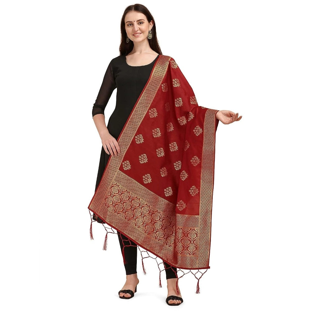 Amfyn Women's Silk Pure Zari weaving Duppatta (Maroon, Length: 2-2.3 Mtrs)