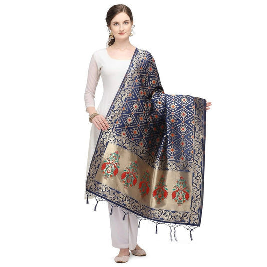 Amfyn Women's Silk Pure Zari weaving Duppatta (Navy Blue, Length: 2-2.3 Mtrs)