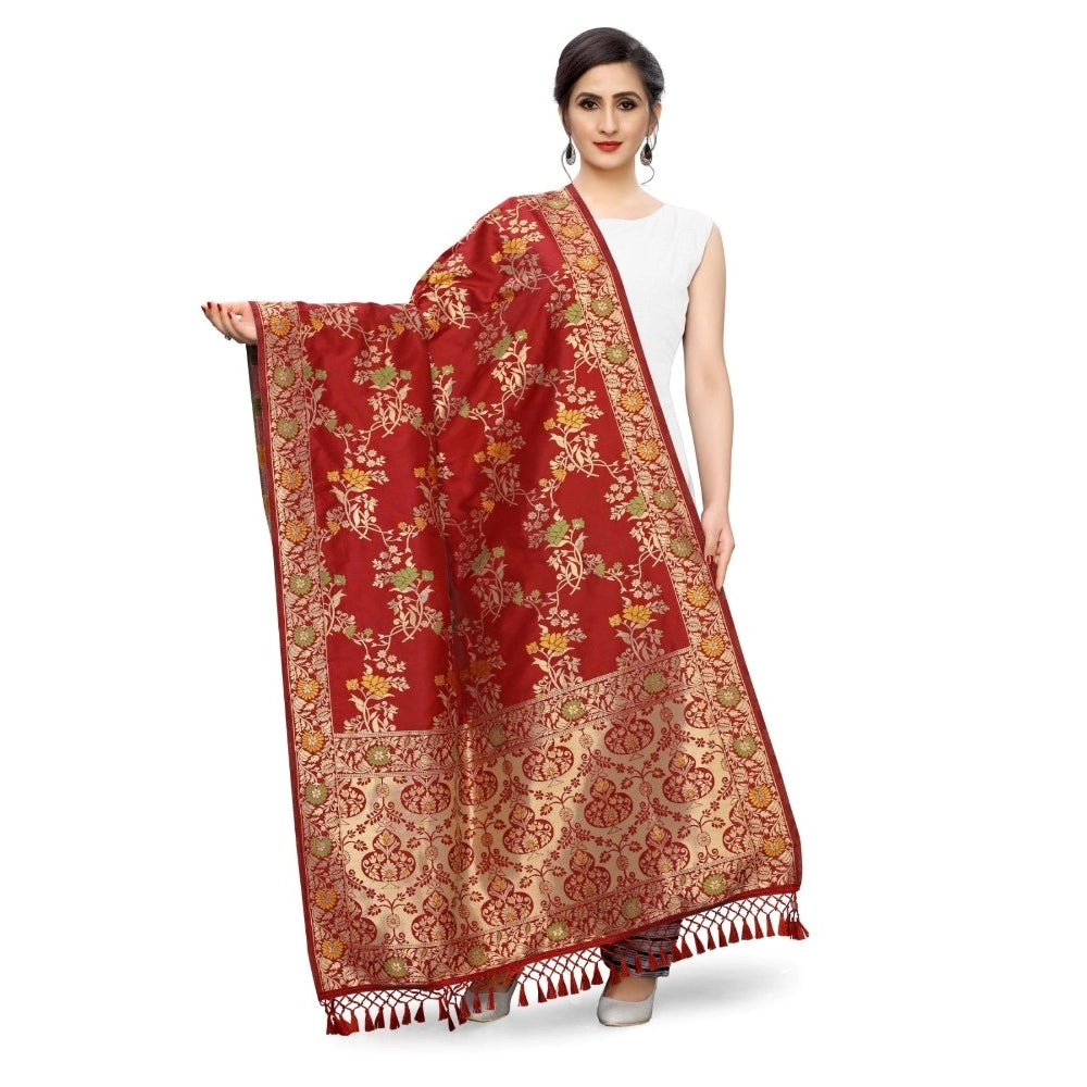 Amfyn Women's Silk Pure Zari weaving Duppatta (Maroon, Length: 2-2.3 Mtrs)