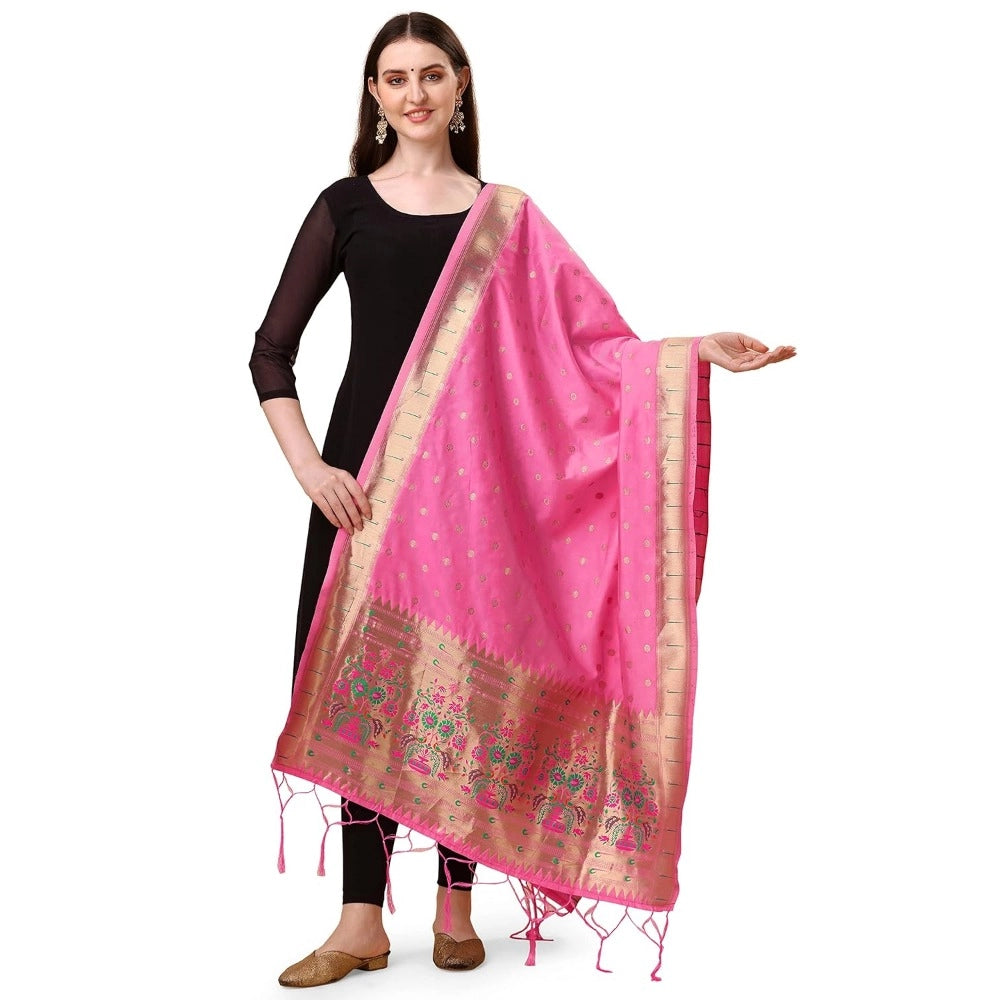 Amfyn Women's Silk Pure Zari weaving Duppatta (Light Pink, Length: 2-2.3 Mtrs)