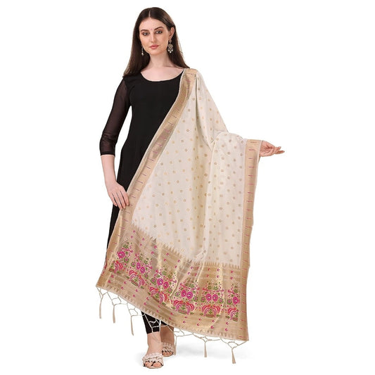 Amfyn Women's Silk Pure Zari weaving Duppatta (White, Length: 2-2.3 Mtrs)