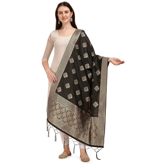 Amfyn Women's Silk Pure Zari weaving Duppatta (Black, Length: 2-2.3 Mtrs)