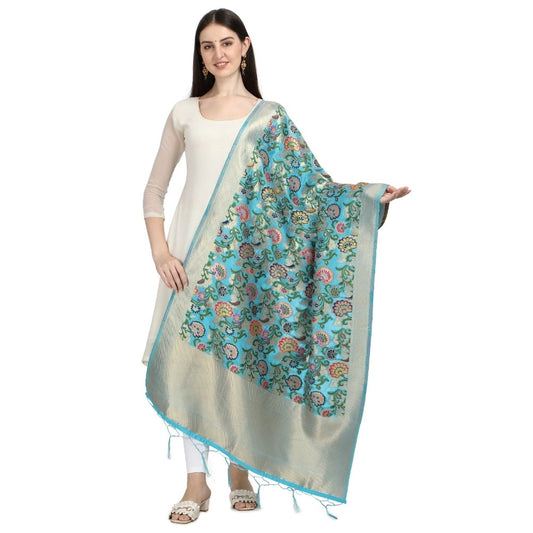 Amfyn Women's Silk Pure Zari weaving Duppatta (Light Blue, Length: 2-2.3 Mtrs)