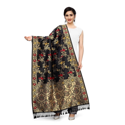 Amfyn Women's Silk Pure Zari weaving Duppatta (Black, Length: 2-2.3 Mtrs)