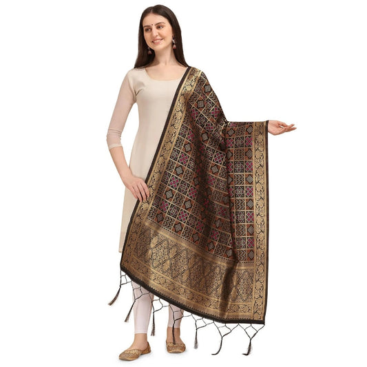 Amfyn Women's Silk Pure weaving Work Duppatta (Black, Length: 2-2.3 Mtrs)