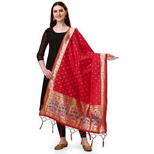 Amfyn Women's Silk Pure Zari weaving Duppatta (Red, Length: 2-2.3 Mtrs)