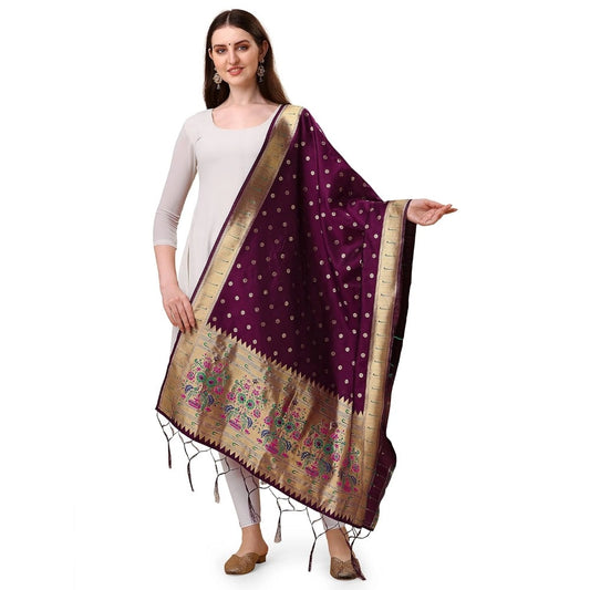 Amfyn Women's Silk Pure Zari weaving Duppatta (Purple, Length: 2-2.3 Mtrs)