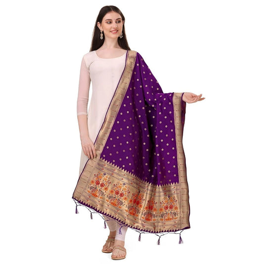 Amfyn Women's Silk Pure Zari weaving Duppatta (Purple, Length: 2-2.3 Mtrs)