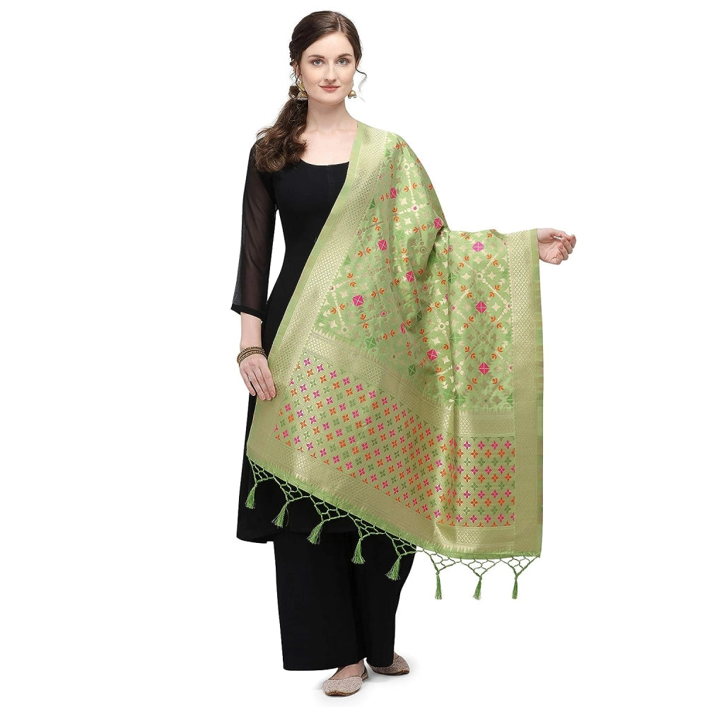 Amfyn Women's Silk Pure Zari weaving Duppatta (Light Green, Length: 2-2.3 Mtrs)