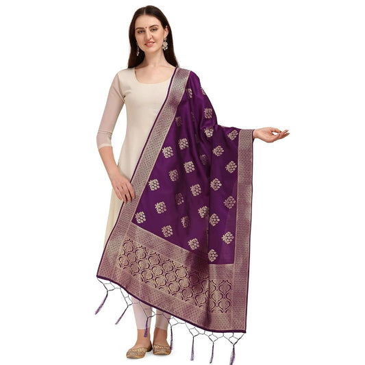 Amfyn Women's Silk Pure Zari weaving Duppatta (Purple, Length: 2-2.3 Mtrs)