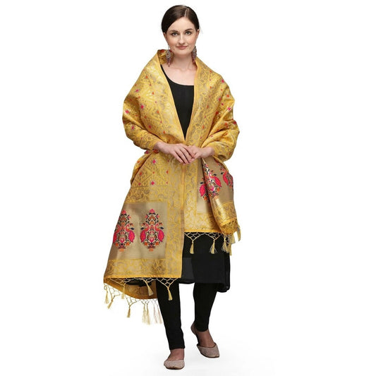 Amfyn Women's Silk Pure Zari weaving Duppatta (Mustard Yellow, Length: 2-2.3 Mtrs)