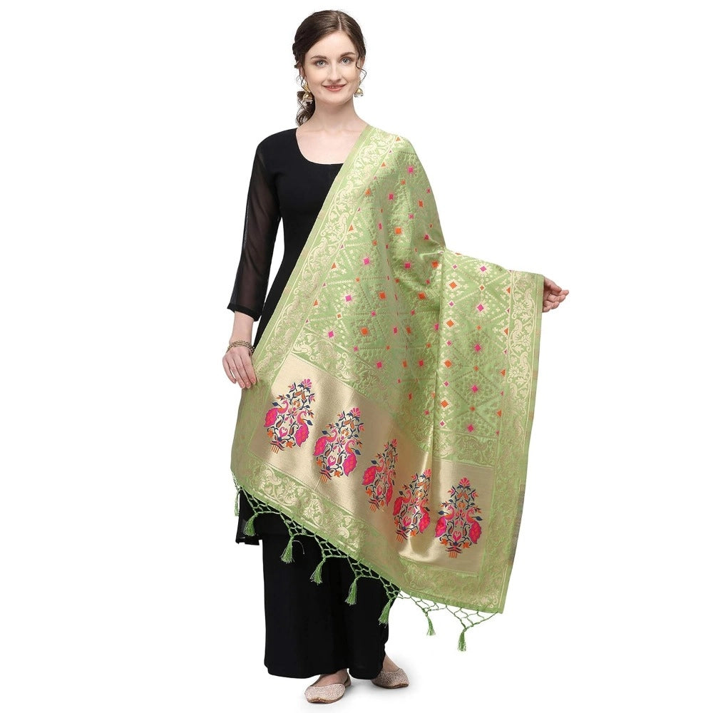 Amfyn Women's Silk Pure Zari weaving Duppatta (Light Green, Length: 2-2.3 Mtrs)