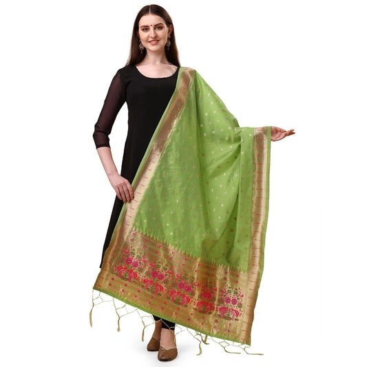 Amfyn Women's Silk Pure Zari weaving Duppatta (Light Green, Length: 2-2.3 Mtrs)