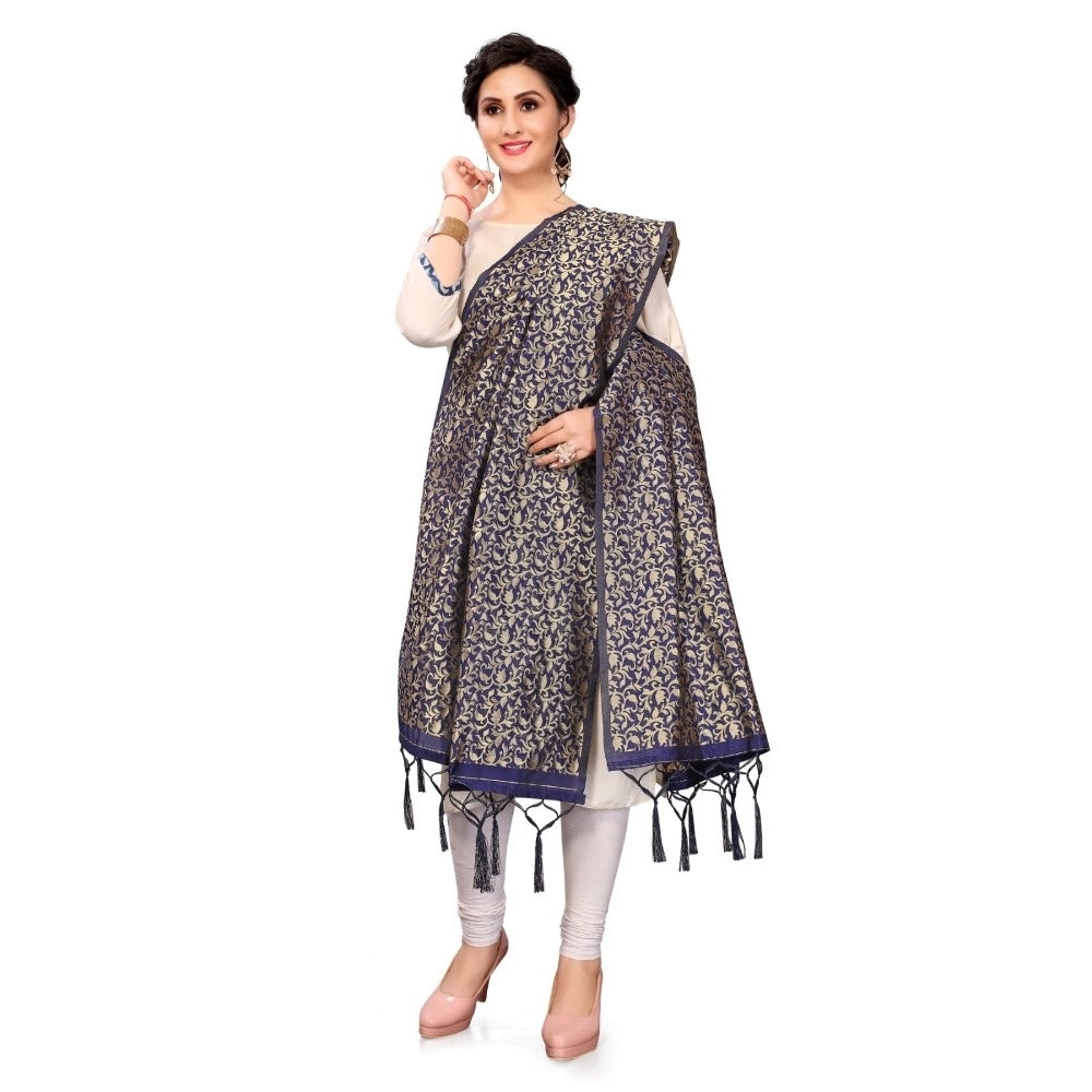 Amfyn Women's Silk Pure weaving Work Duppatta (Navy Blue, Length: 2-2.3 Mtrs)