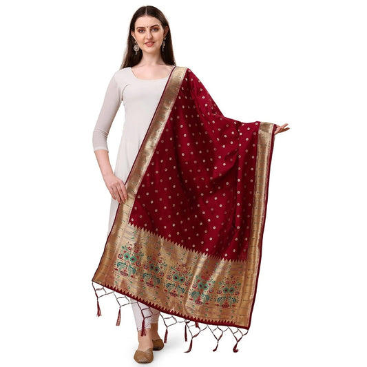 Amfyn Women's Silk Pure Zari weaving Duppatta (Maroon, Length: 2-2.3 Mtrs)