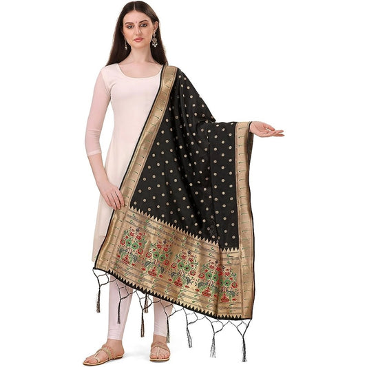 Amfyn Women's Silk Pure Zari weaving Duppatta (Black, Length: 2-2.3 Mtrs)