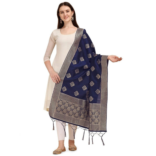 Amfyn Women's Silk Pure Zari weaving Duppatta (Navy Blue, Length: 2-2.3 Mtrs)