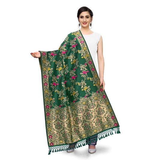 Amfyn Women's Silk Pure Zari weaving Duppatta (Green, Length: 2-2.3 Mtrs)