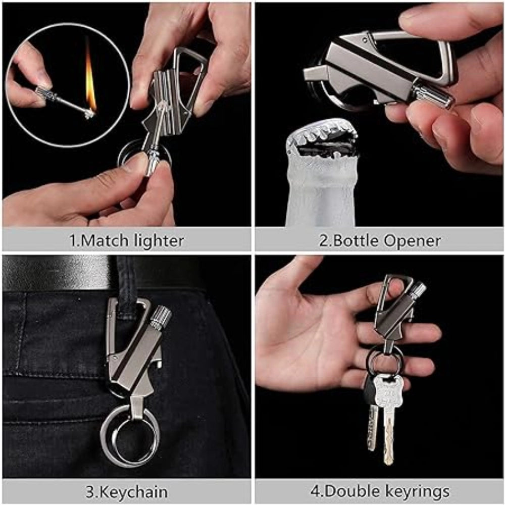 Fashion 3 In 1 Keychain Lighter Waterproof Cigarette Flint Lighter Keyring Bottle Opener Fire Starter Match Sticks (Silver)