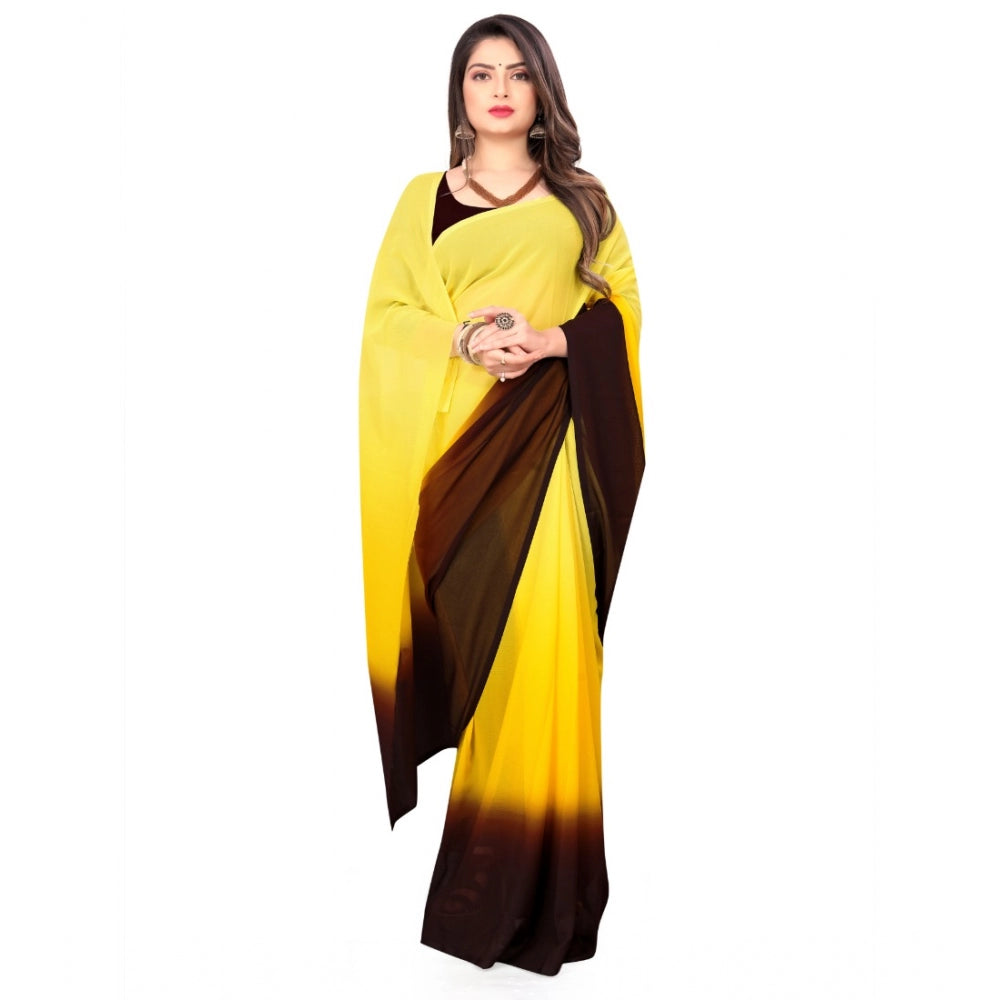 Amfyn Women's Georgette Printed Saree With Unstitched Blouse (Yellow, 5-6 Mtrs)