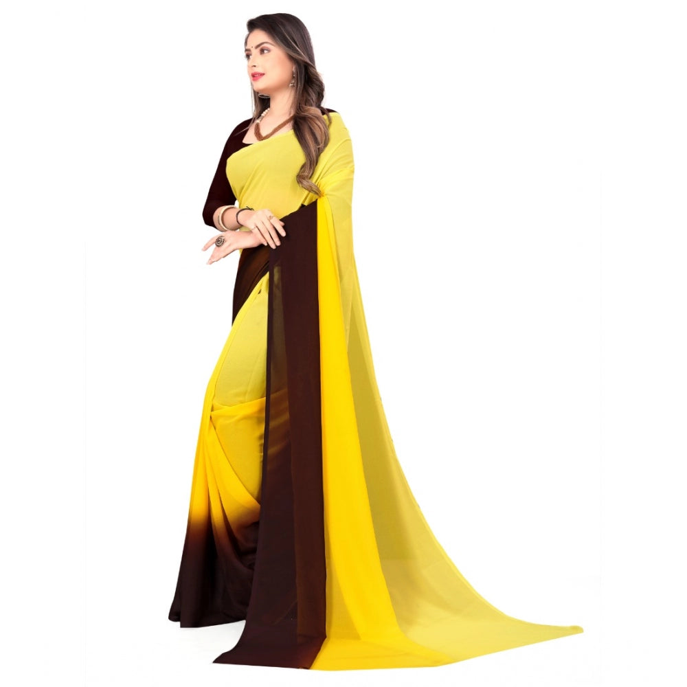 Amfyn Women's Georgette Printed Saree With Unstitched Blouse (Yellow, 5-6 Mtrs)