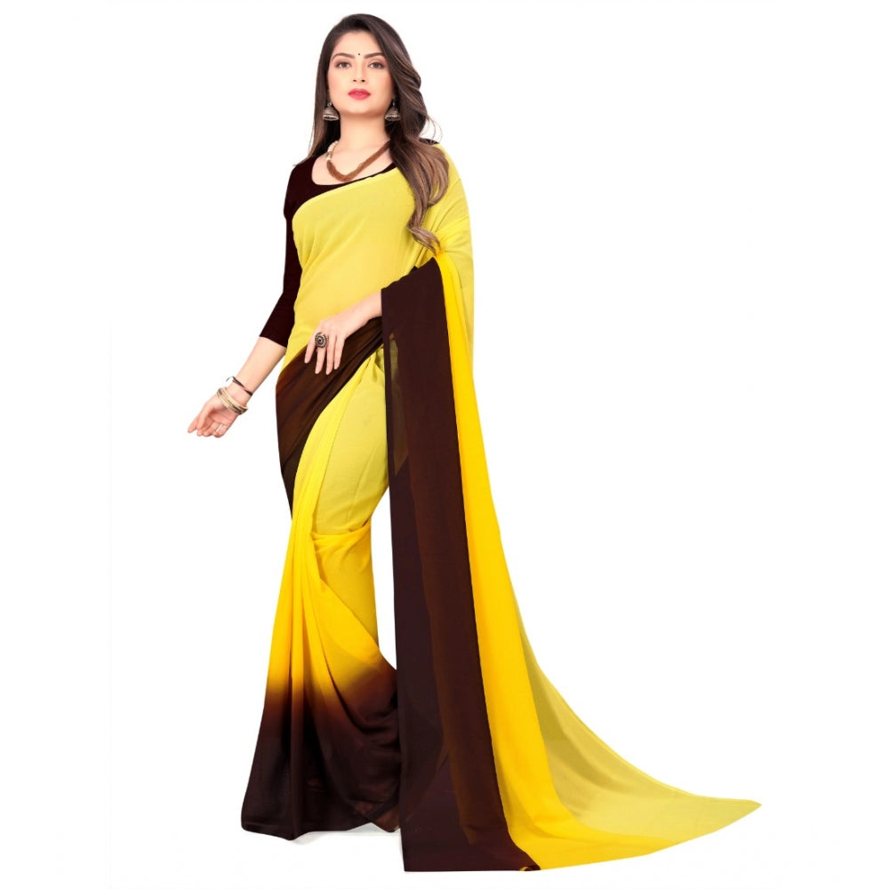 Amfyn Women's Georgette Printed Saree With Unstitched Blouse (Yellow, 5-6 Mtrs)