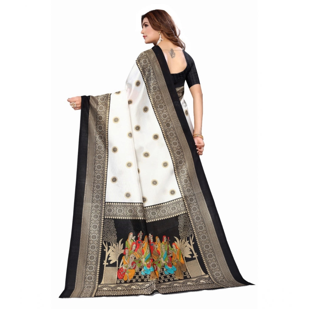 Fashion Women's Art Silk Printed Saree With Unstitched Blouse (Black, 5-6 Mtrs)