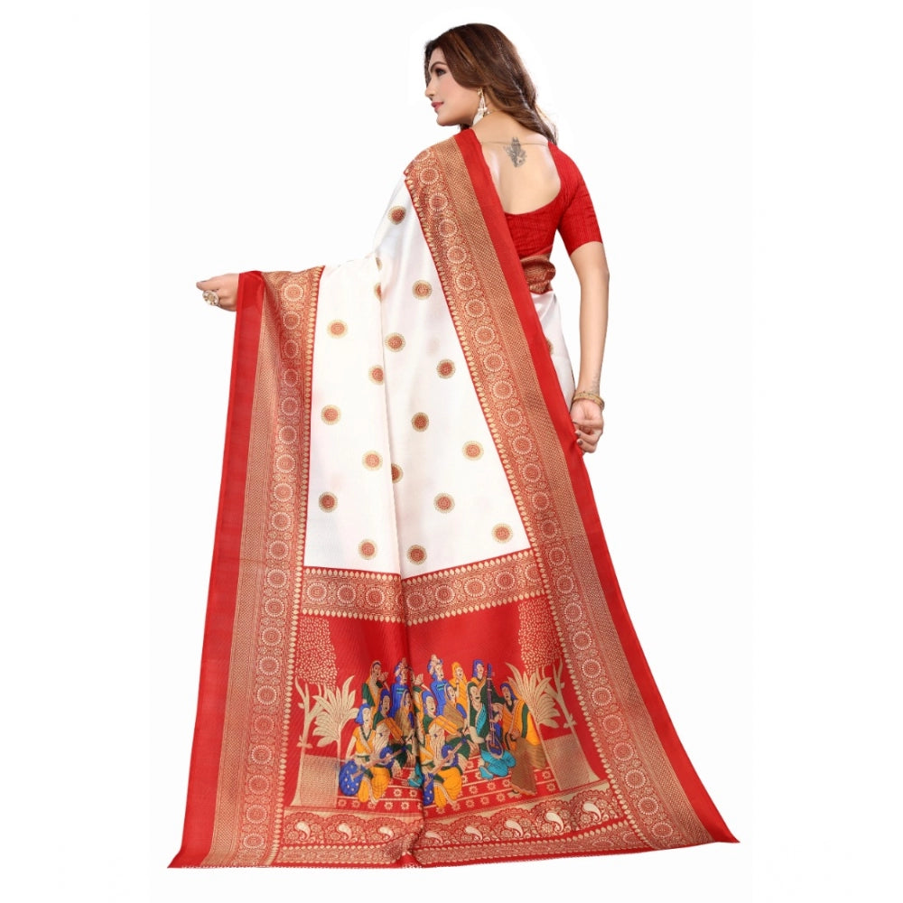Fashion Women's Art Silk Printed Saree With Unstitched Blouse (Red, 5-6 Mtrs)