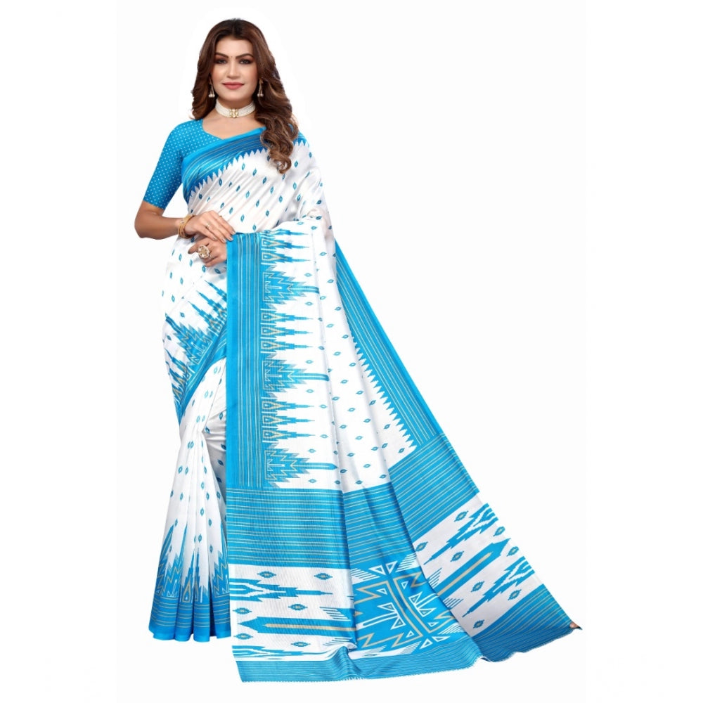 Amfyn Women's Art Silk Printed Saree With Unstitched Blouse (Blue, 5-6 Mtrs)