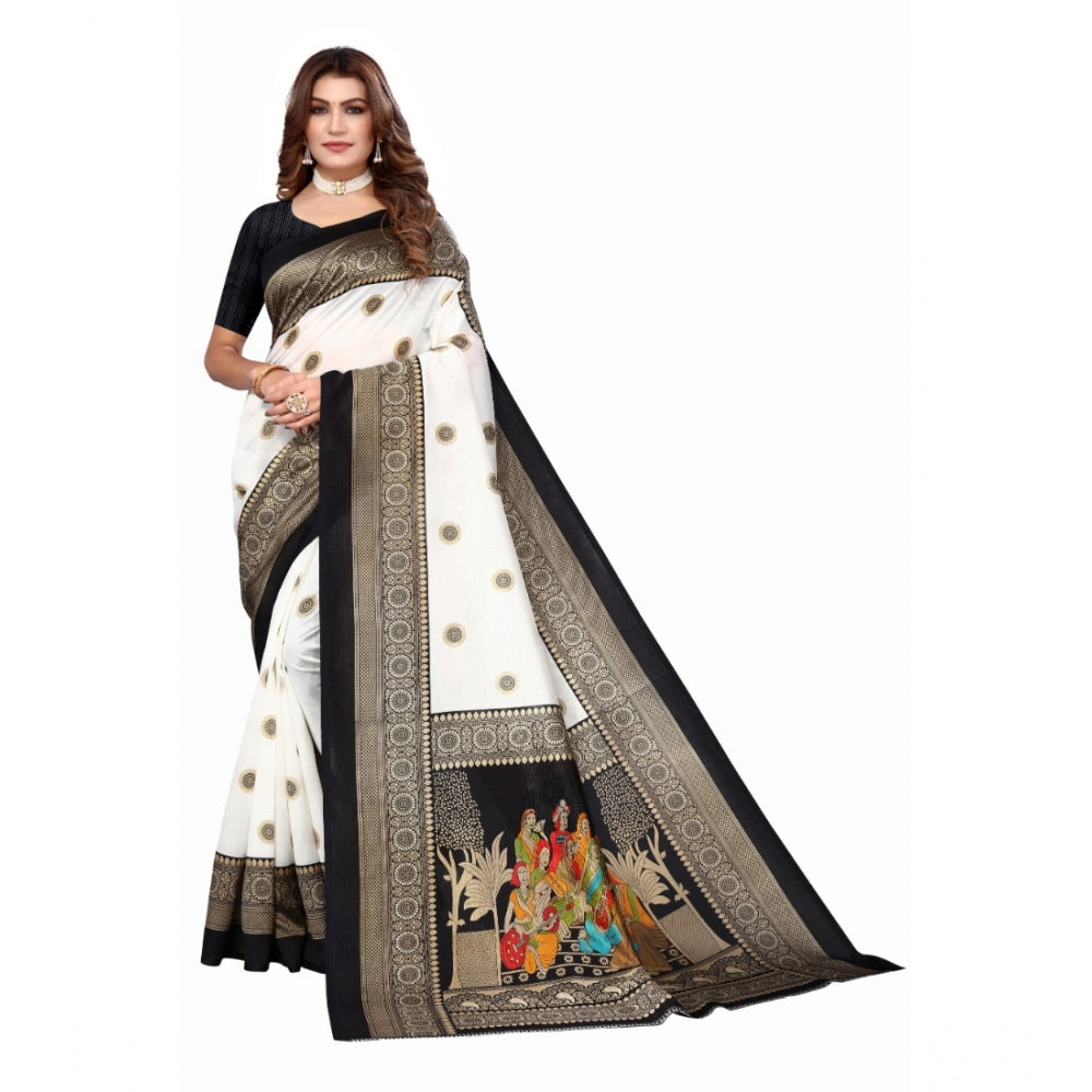 Fashion Women's Art Silk Printed Saree With Unstitched Blouse (Black, 5-6 Mtrs)