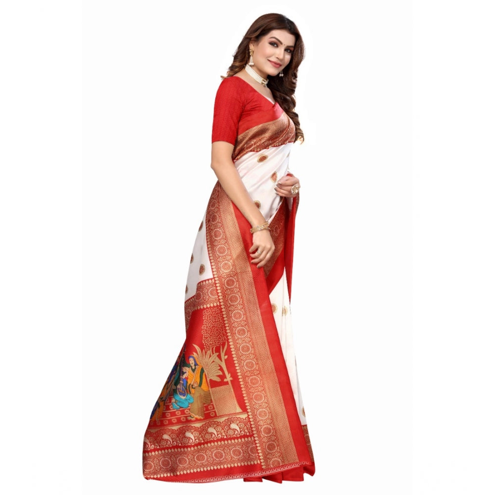 Fashion Women's Art Silk Printed Saree With Unstitched Blouse (Red, 5-6 Mtrs)