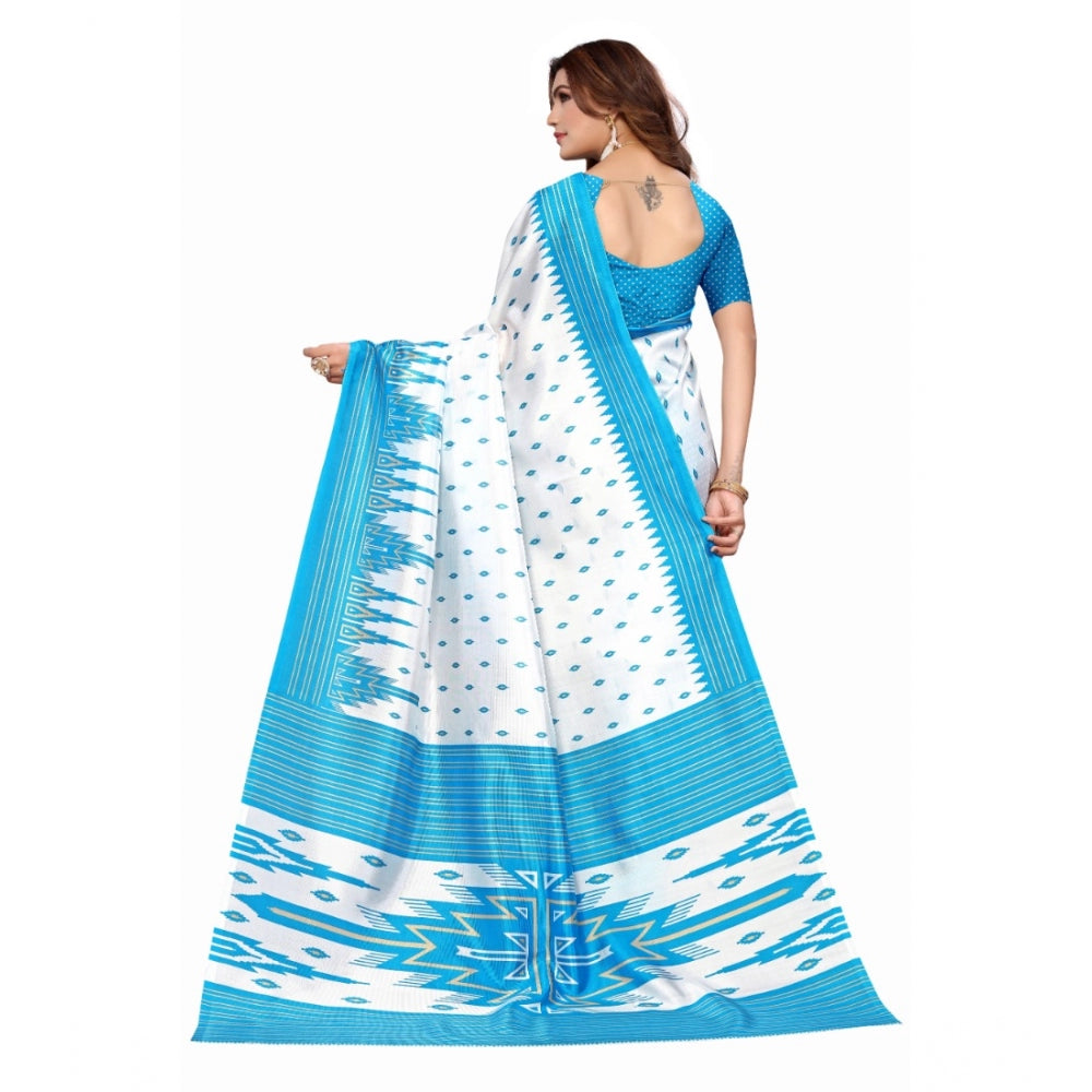 Amfyn Women's Art Silk Printed Saree With Unstitched Blouse (Blue, 5-6 Mtrs)