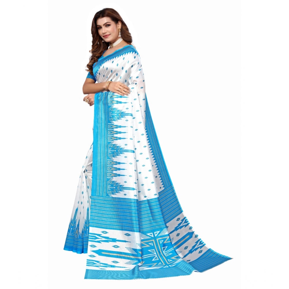 Amfyn Women's Art Silk Printed Saree With Unstitched Blouse (Blue, 5-6 Mtrs)