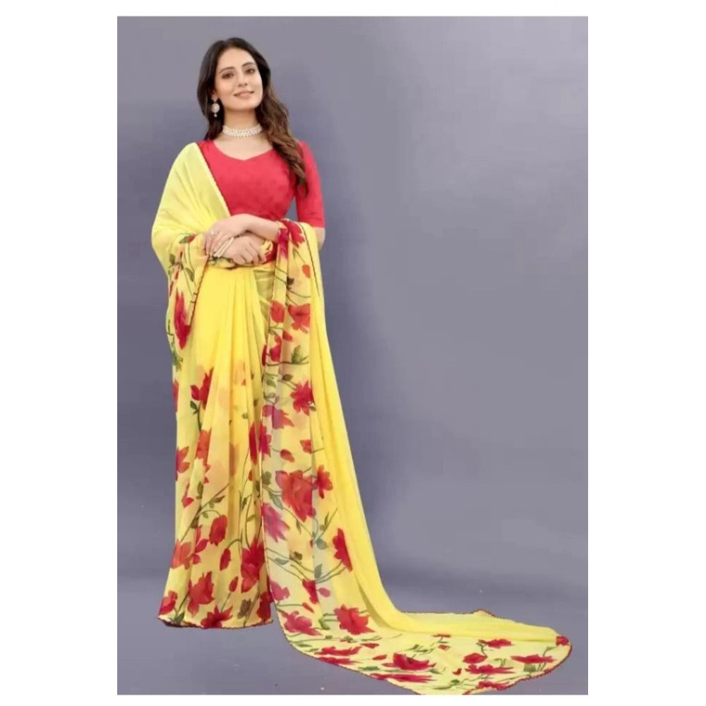 Amfyn Women's Georgette Printed Saree With Unstitched Blouse (Yellow)