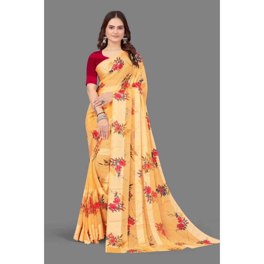 Fashion Women's Sattin Patta Printed Saree With Unstitched Blouse (Beige)
