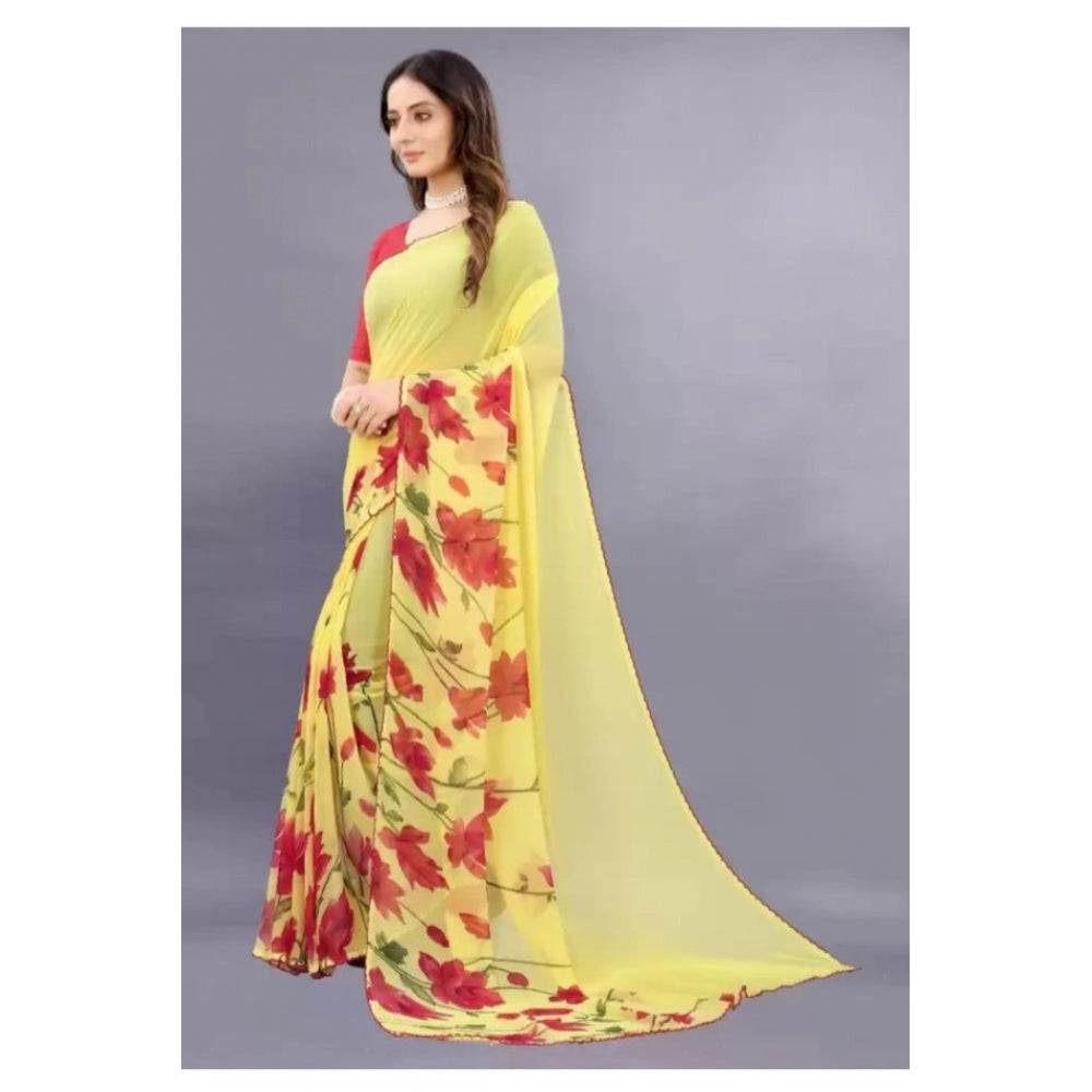 Amfyn Women's Georgette Printed Saree With Unstitched Blouse (Yellow)