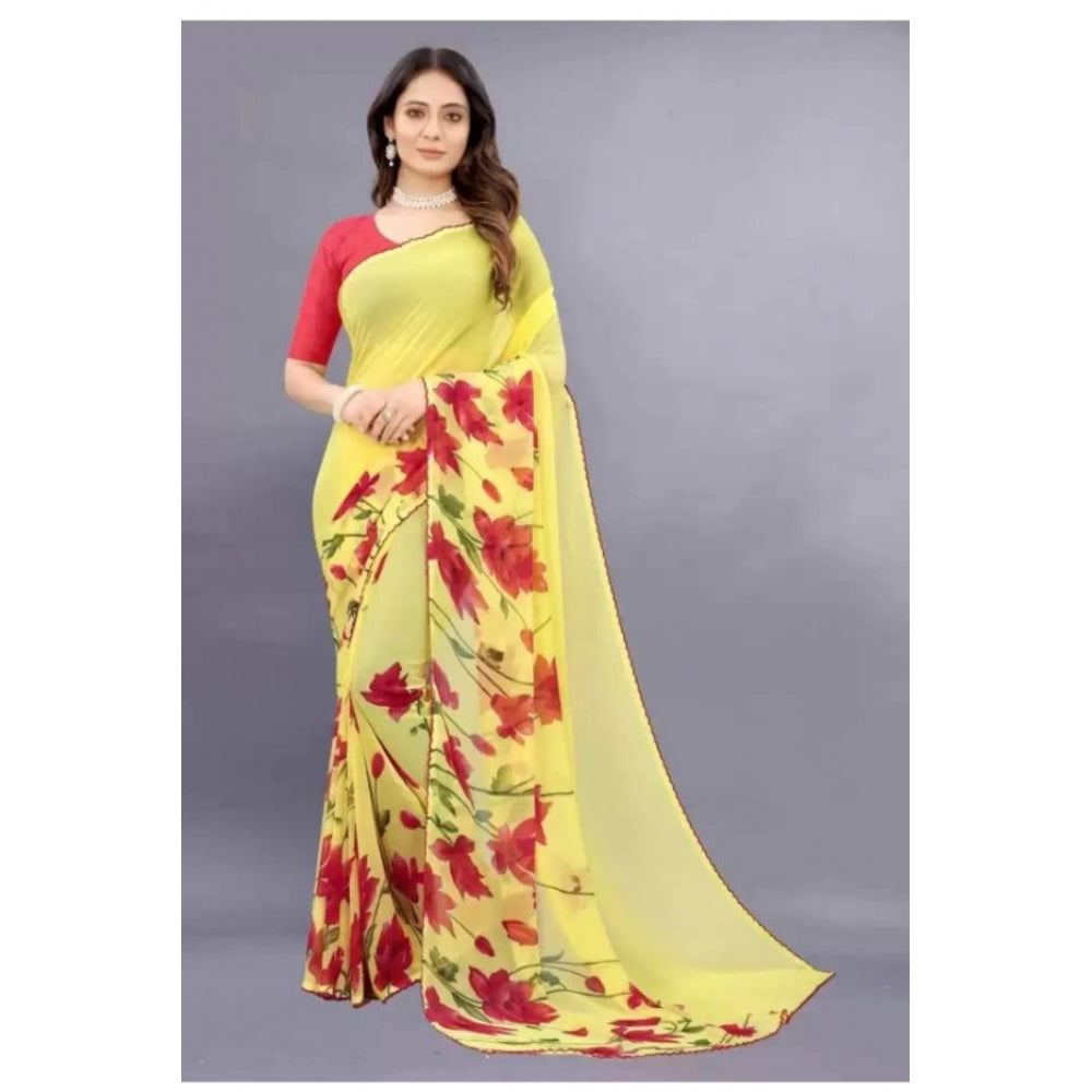 Amfyn Women's Georgette Printed Saree With Unstitched Blouse (Yellow)