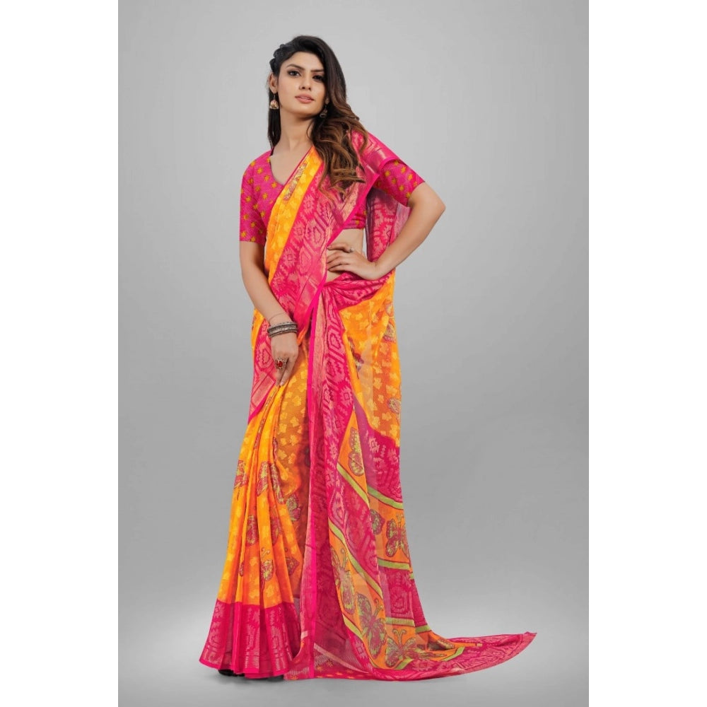 Fashion Women's Viscose Rayon Printed Saree With Unstitched Blouse (Yellow)