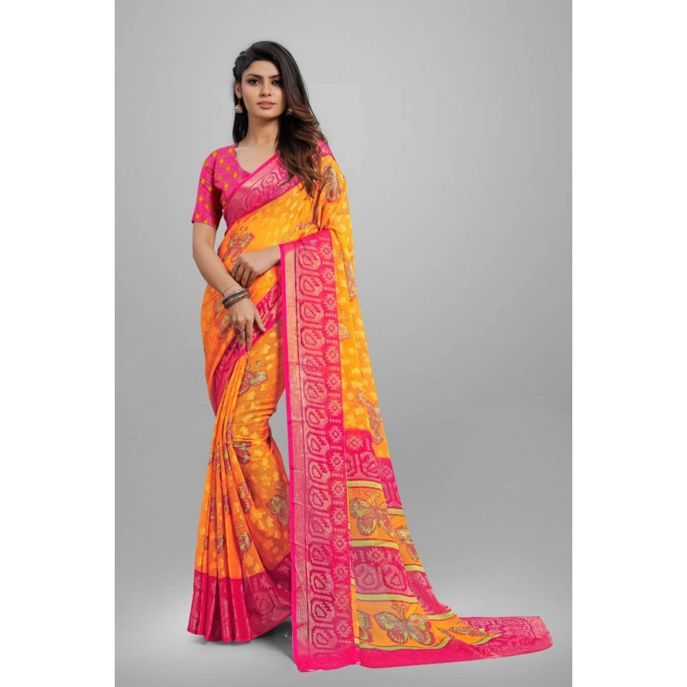 Fashion Women's Viscose Rayon Printed Saree With Unstitched Blouse (Yellow)