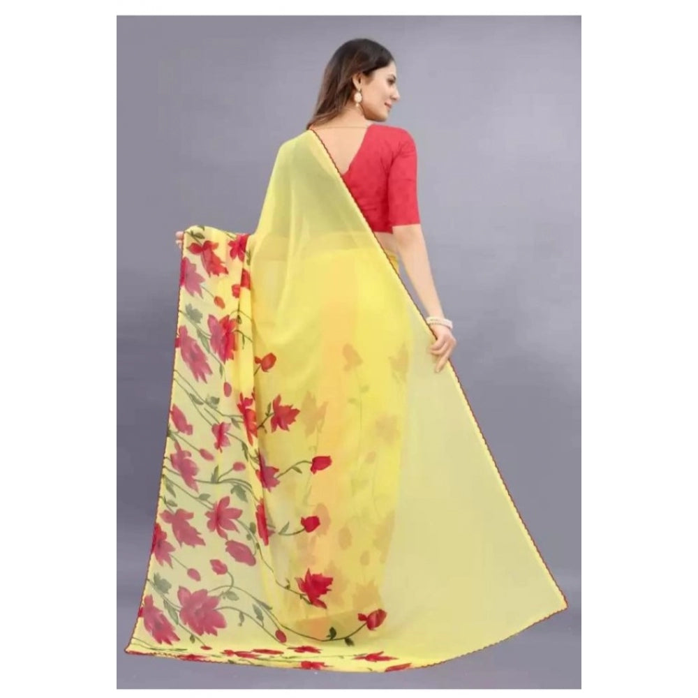 Amfyn Women's Georgette Printed Saree With Unstitched Blouse (Yellow)