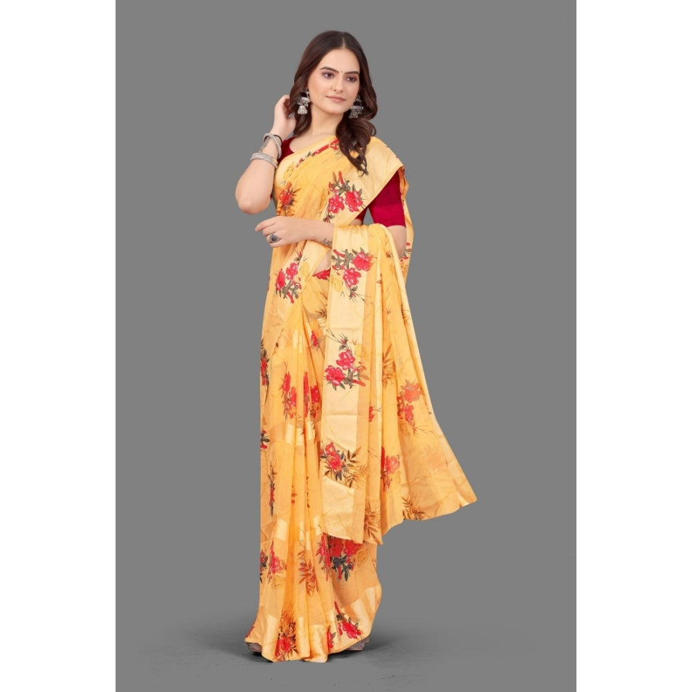 Fashion Women's Sattin Patta Printed Saree With Unstitched Blouse (Beige)